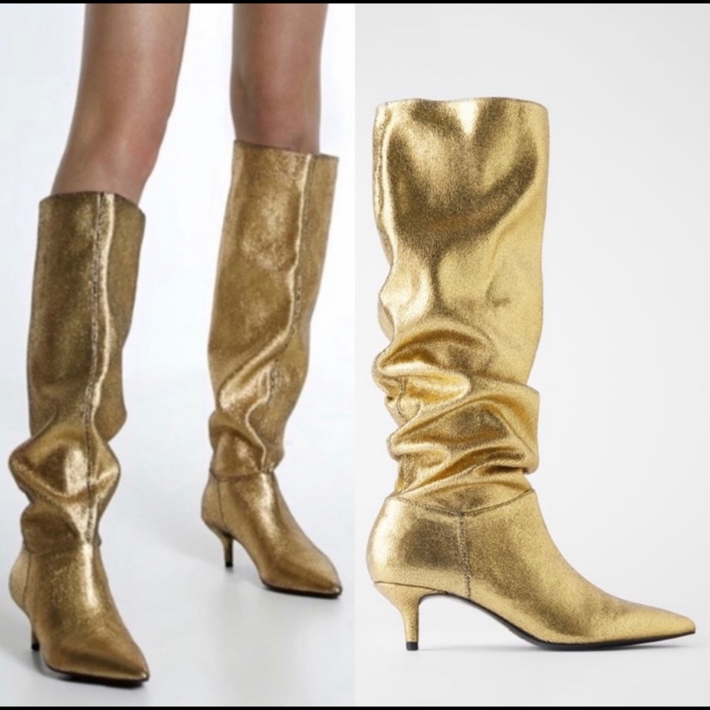 New Popular Zara Metallic Gold Kitten Slouch Boots